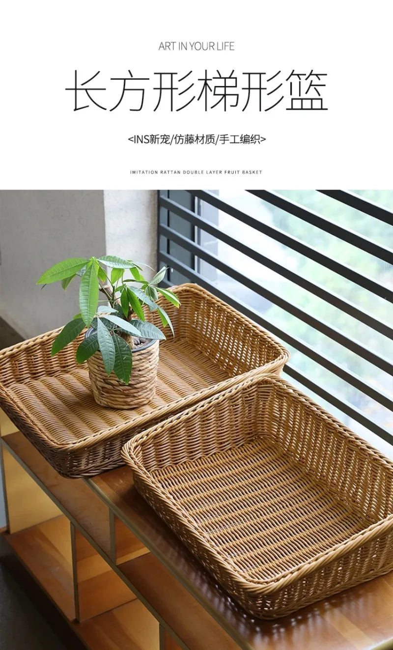 Rectangular Rattan Serving Tray Wicker Woven Basket Bathroom Tray Woven Bread Baskets With Handles Storage Basket For Parties