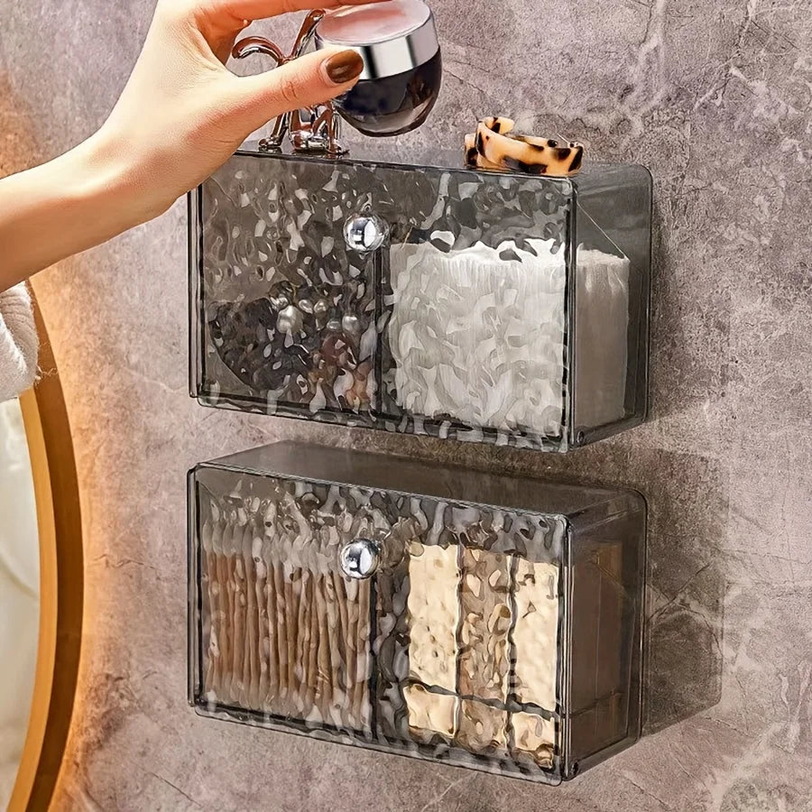 Clear Wall Mounted Bathroom Storage Box, Makeup Organizer, Clear Acrylic Organizers Storage, Cotton Swabs, Cotton Balls, Hair