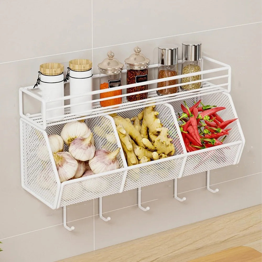 Wall Mounted Kitchen Storage Basket Punch-Free Grid Vegetable Drainage Basket Carbon Steel Onion Ginger Garlic Rack
