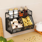 Wall Mounted Kitchen Storage Basket Punch-Free Grid Vegetable Drainage Basket Carbon Steel Onion Ginger Garlic Rack