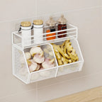 Wall Mounted Kitchen Storage Basket Punch-Free Grid Vegetable Drainage Basket Carbon Steel Onion Ginger Garlic Rack