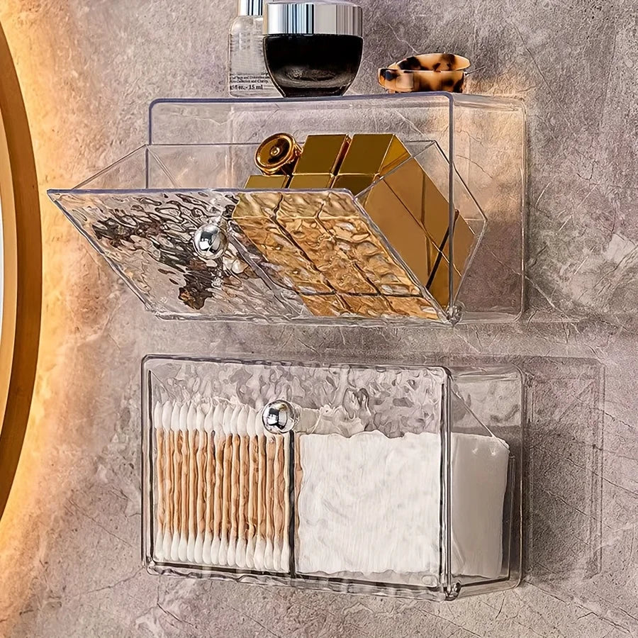 Clear Wall Mounted Bathroom Storage Box, Makeup Organizer, Clear Acrylic Organizers Storage, Cotton Swabs, Cotton Balls, Hair