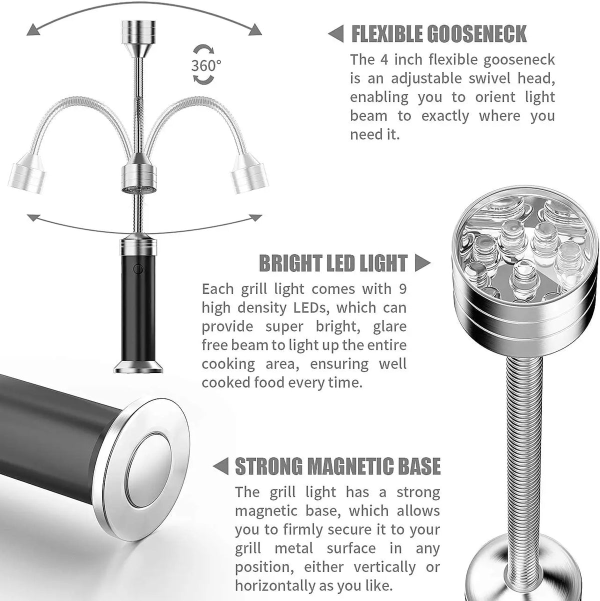 Grill Light - BBQ Accessories for Outdoor with Magnetic Base 360 Degree Flexible Neck Water Heat Resistant No Batteries Included