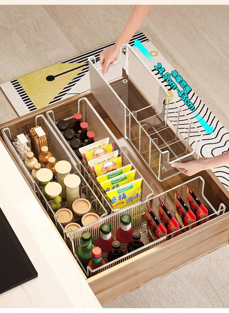 Plastic Expandable Spice Organizer Storage Bins with Dividers Clear Snack Storage Display Containers Tea Packet Storage Box
