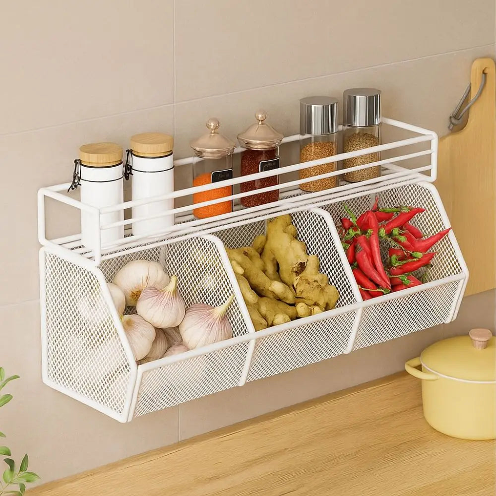 Wall Mounted Kitchen Storage Basket Punch-Free Grid Vegetable Drainage Basket Carbon Steel Onion Ginger Garlic Rack