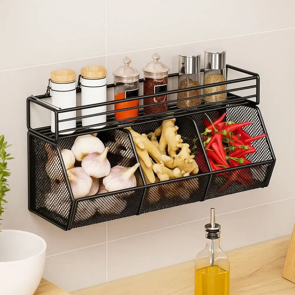 Wall Mounted Kitchen Storage Basket Punch-Free Grid Vegetable Drainage Basket Carbon Steel Onion Ginger Garlic Rack