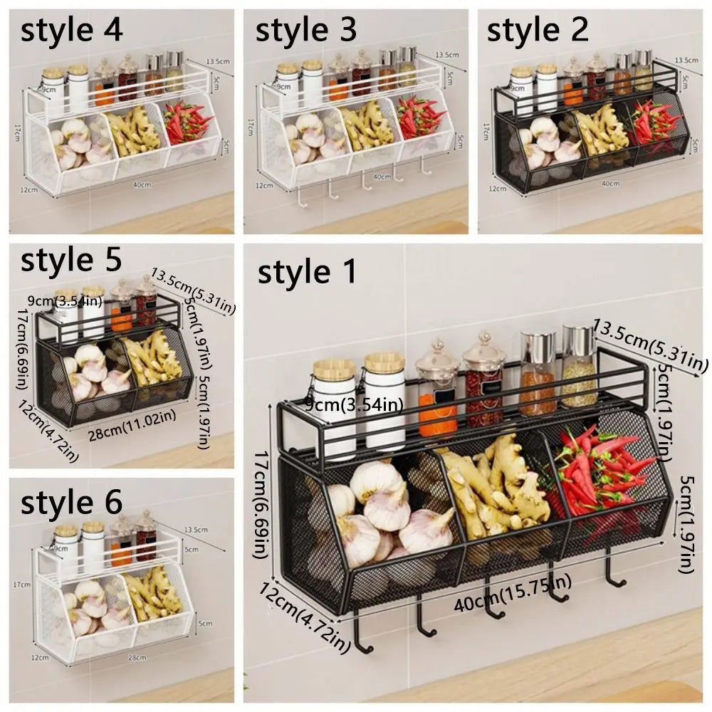 Wall Mounted Kitchen Storage Basket Punch-Free Grid Vegetable Drainage Basket Carbon Steel Onion Ginger Garlic Rack
