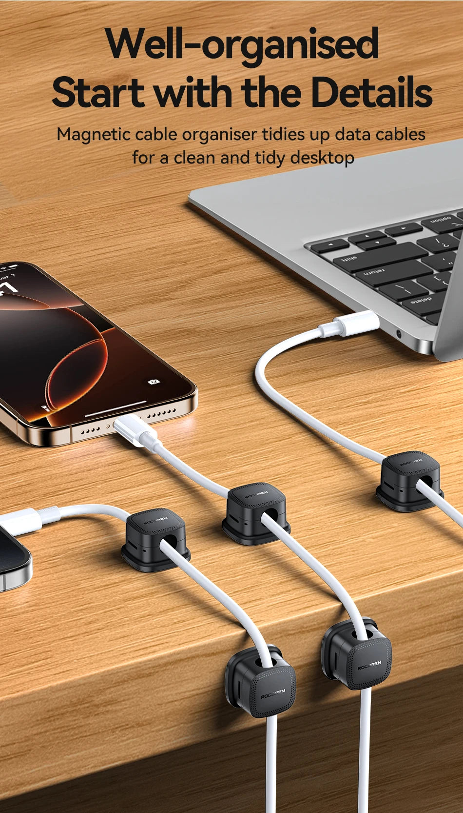 Rocoren Magnetic Cable Organizer Smooth Adjustable Cable Holder Under Desk 6PCS Stable Cable Management Wire Keeper Cable Clips