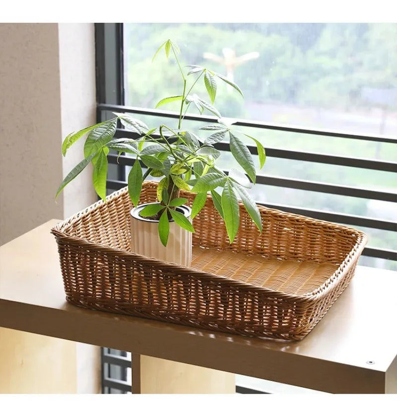 Rectangular Rattan Serving Tray Wicker Woven Basket Bathroom Tray Woven Bread Baskets With Handles Storage Basket For Parties