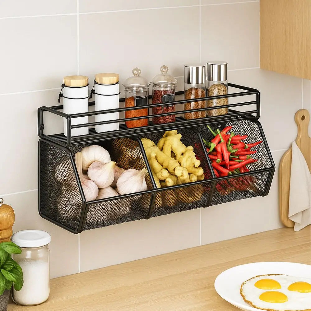 Wall Mounted Kitchen Storage Basket Punch-Free Grid Vegetable Drainage Basket Carbon Steel Onion Ginger Garlic Rack