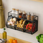 Wall Mounted Kitchen Storage Basket Punch-Free Grid Vegetable Drainage Basket Carbon Steel Onion Ginger Garlic Rack