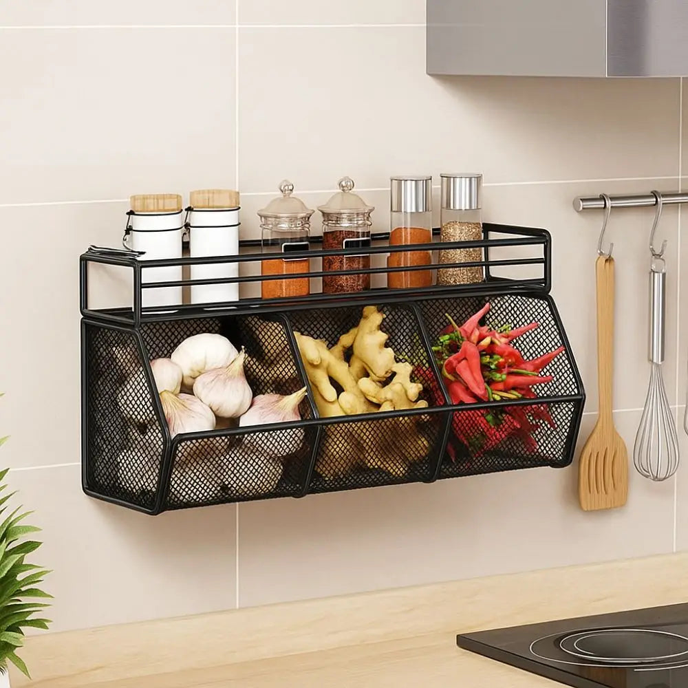 Wall Mounted Kitchen Storage Basket Punch-Free Grid Vegetable Drainage Basket Carbon Steel Onion Ginger Garlic Rack