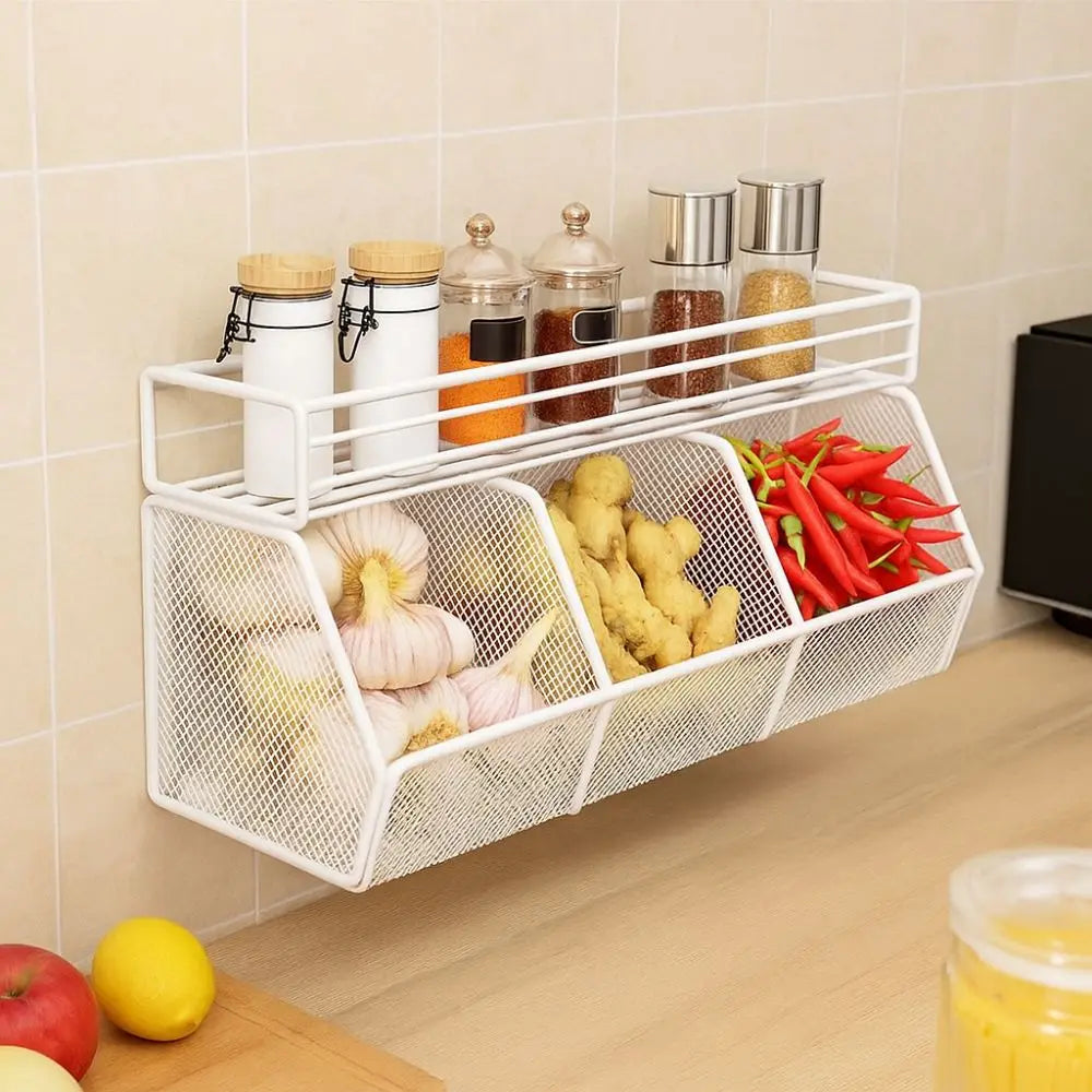 Wall Mounted Kitchen Storage Basket Punch-Free Grid Vegetable Drainage Basket Carbon Steel Onion Ginger Garlic Rack