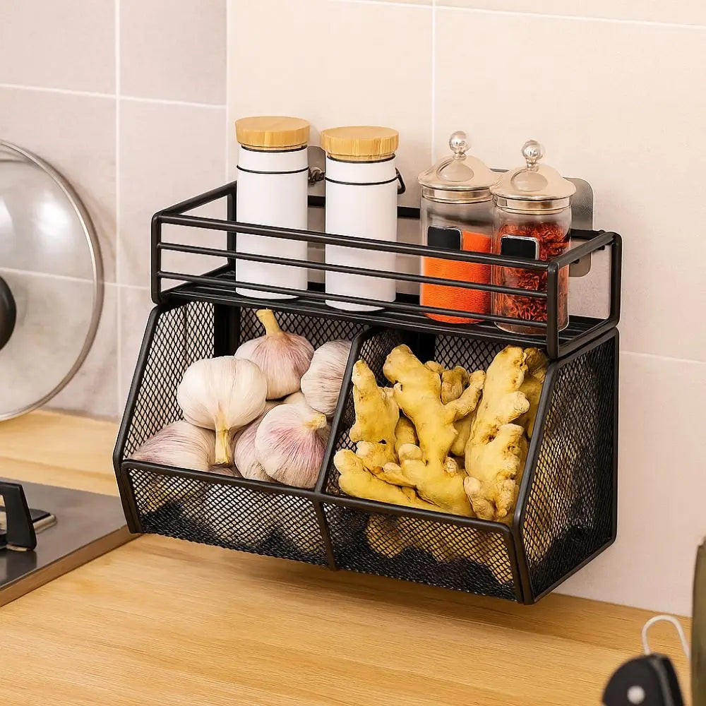 Wall Mounted Kitchen Storage Basket Punch-Free Grid Vegetable Drainage Basket Carbon Steel Onion Ginger Garlic Rack