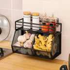Wall Mounted Kitchen Storage Basket Punch-Free Grid Vegetable Drainage Basket Carbon Steel Onion Ginger Garlic Rack
