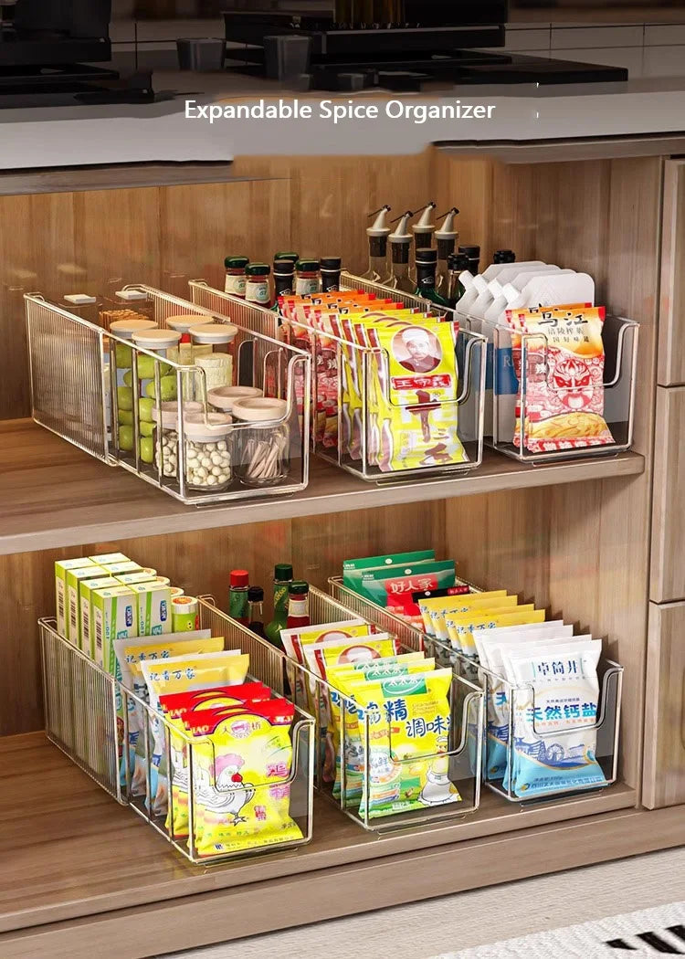 Plastic Expandable Spice Organizer Storage Bins with Dividers Clear Snack Storage Display Containers Tea Packet Storage Box