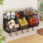 Wall Mounted Kitchen Storage Basket Punch-Free Grid Vegetable Drainage Basket Carbon Steel Onion Ginger Garlic Rack