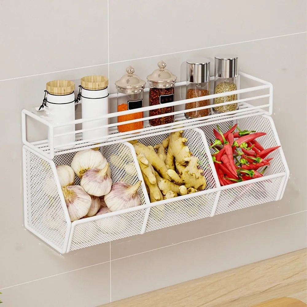 Wall Mounted Kitchen Storage Basket Punch-Free Grid Vegetable Drainage Basket Carbon Steel Onion Ginger Garlic Rack