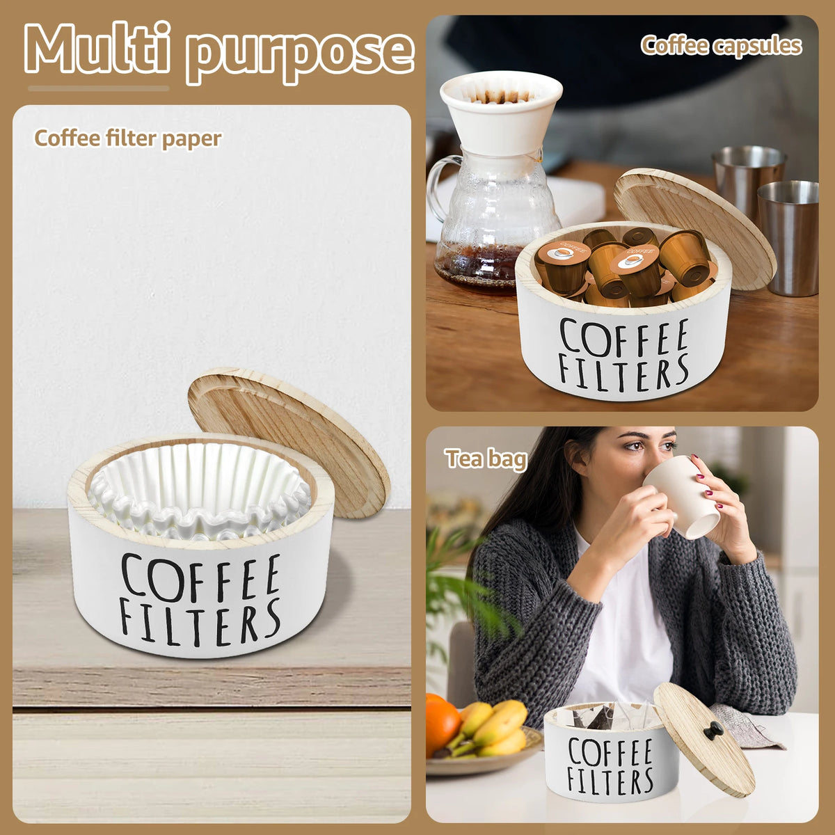 Coffee Filter Holder with Lid Wooden Coffee Filter Paper Storage Container Tea Bag Capsule coffee storage box coffee accessory