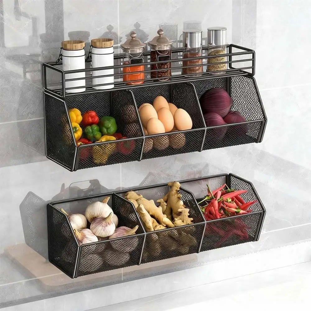 Wall Mounted Kitchen Storage Basket Punch-Free Grid Vegetable Drainage Basket Carbon Steel Onion Ginger Garlic Rack