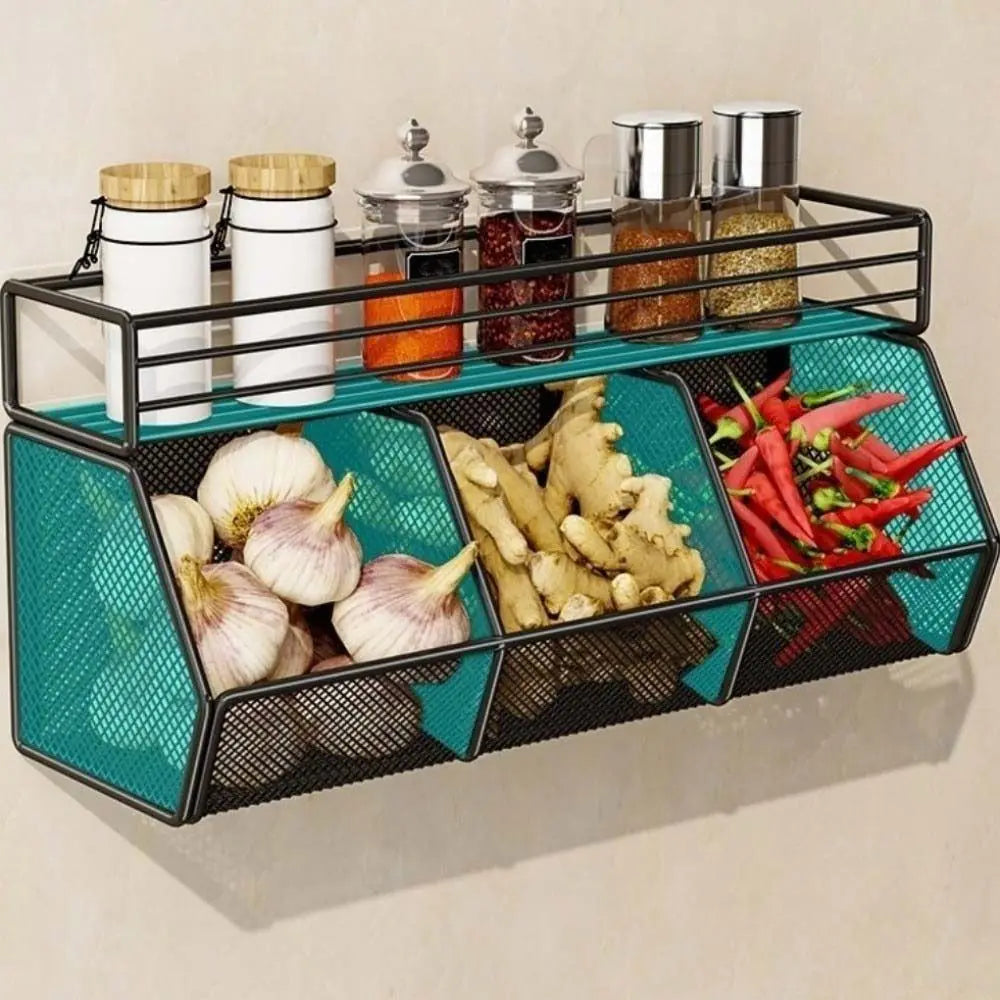 Wall Mounted Kitchen Storage Basket Punch-Free Grid Vegetable Drainage Basket Carbon Steel Onion Ginger Garlic Rack