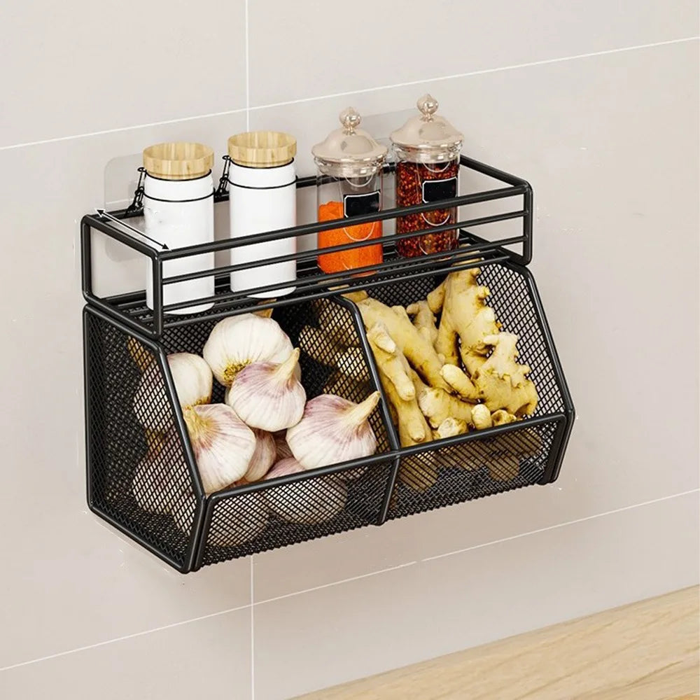 Wall Mounted Kitchen Storage Basket Punch-Free Grid Vegetable Drainage Basket Carbon Steel Onion Ginger Garlic Rack