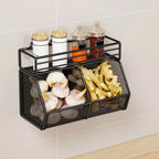 Wall Mounted Kitchen Storage Basket Punch-Free Grid Vegetable Drainage Basket Carbon Steel Onion Ginger Garlic Rack