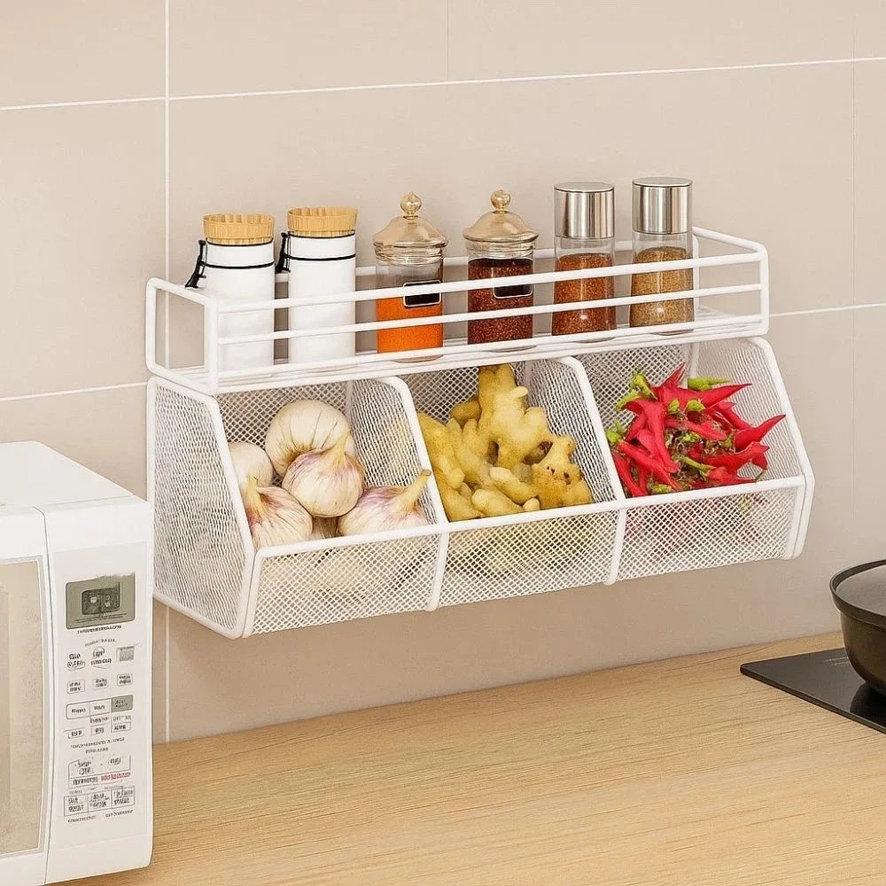 Wall Mounted Kitchen Storage Basket Punch-Free Grid Vegetable Drainage Basket Carbon Steel Onion Ginger Garlic Rack