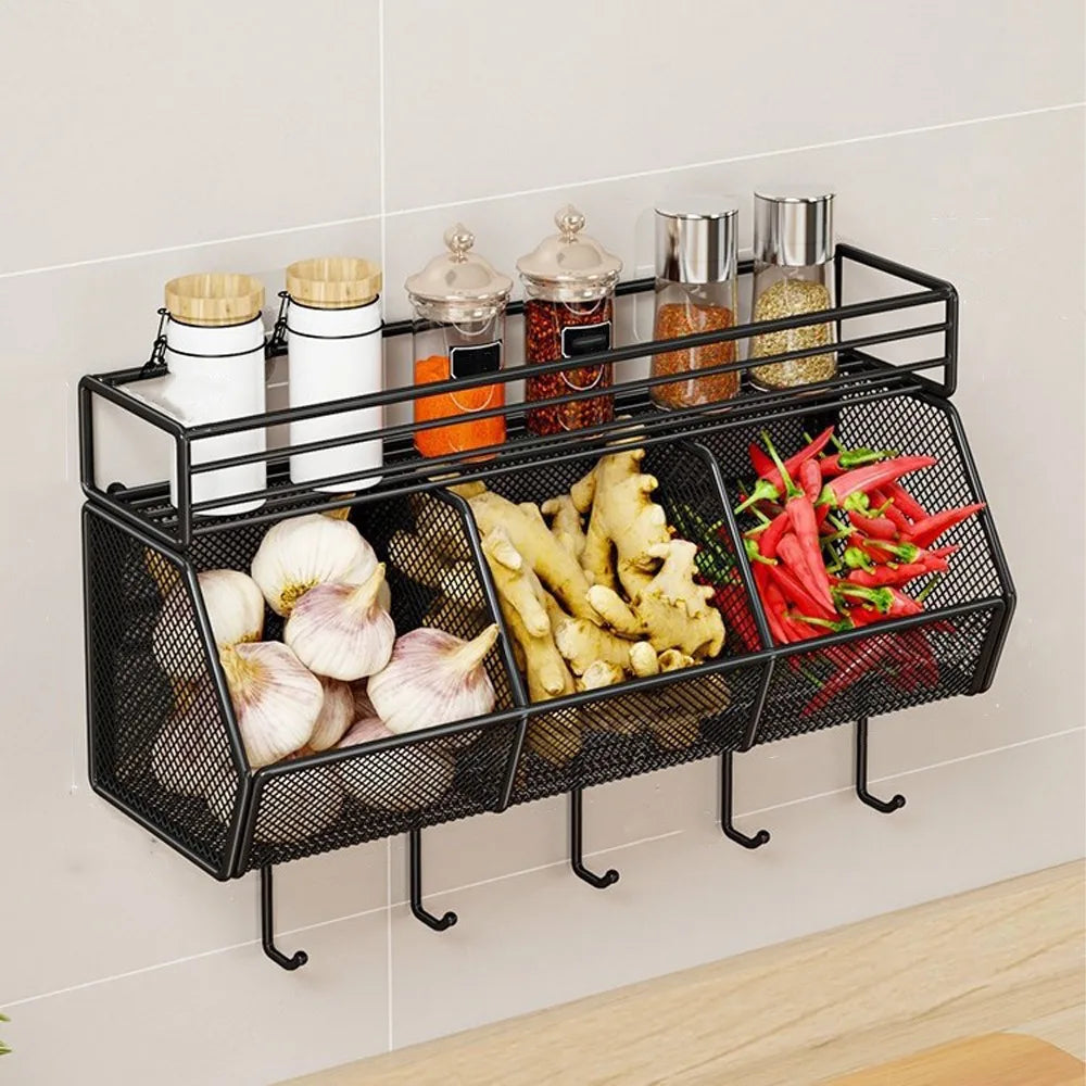 Wall Mounted Kitchen Storage Basket Punch-Free Grid Vegetable Drainage Basket Carbon Steel Onion Ginger Garlic Rack