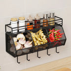 Wall Mounted Kitchen Storage Basket Punch-Free Grid Vegetable Drainage Basket Carbon Steel Onion Ginger Garlic Rack